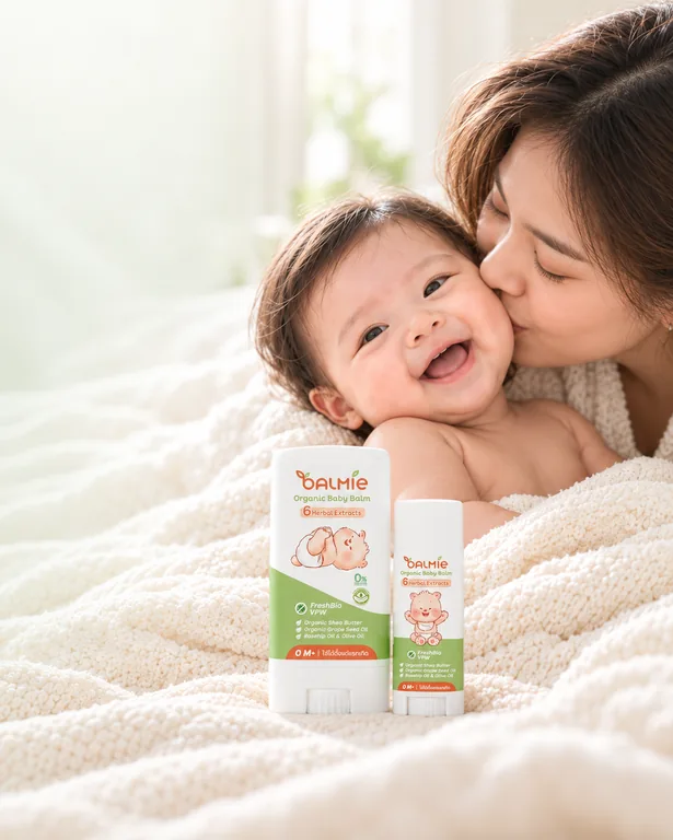 คุณแม่กำลังหอมแก้มลูกน้อย พร้อม Balmie Organic Baby Balm ขนาด 13 กรัม และ 5 กรัม